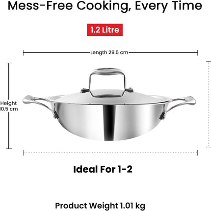 VINOD Platinum Triply Stainless Steel Deep Kadhai Kadai + Lid 26cm 28cm 30cm GAS Induction