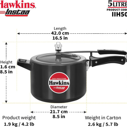 Hawkins Instaa Hard Anodised Pressure Cooker 3L 5L Induction Compatible Inner Lid Black Cooker