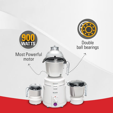 Sujata Powermatic Plus Mixer Grinder | 900 Watts Powerful Motor | 3 Jars (Liquidizing, Grinding, Chutney) | Heavy Duty Mixer | Fast & Efficient Grinding