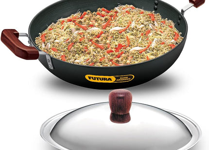 Hawkins Futura Hard Anodised Deep Fry Pan Collection – 2.5L, 3.75L, 5L & 7.5L Flat Bottom Kadai with Stainless Steel Lid, Black