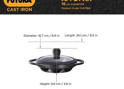 Hawkins Futura Cast Iron Appe Pan (Paniyaram Pan), 16 cm, 8 Cups, with Glass Lid, Black