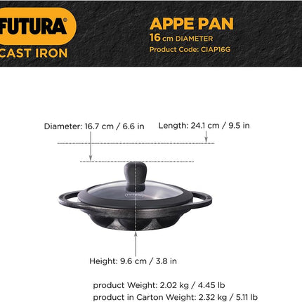 Hawkins Futura Cast Iron Appe Pan 16cm 8 Cup Paniyaram Pan Plus Glass Lid