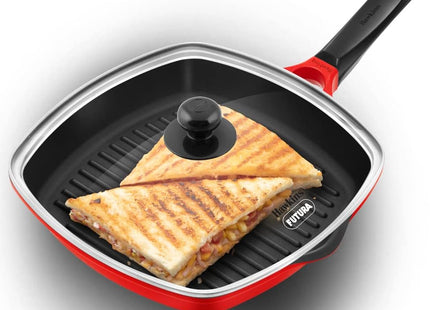 Pánev HAWKINS 30 cm Grill Pan, nepřilnavá grilovací pánev z litého hliníku se skleněnou poklicí, čtvercová grilovací pánev na plynový sporák, pánev s keramickým povrchem, pánev na pečení (DCGP30G) (červená)