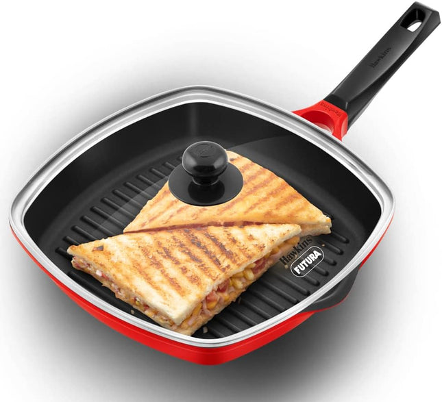 HAWKINS 30 cm Grill Pan, Non Stick Die Cast Grilling Pan with Glass Lid, Square Grill Pan for Gas Stove, Ceramic Coated Pan, Roast Pan (DCGP30G) (Red)