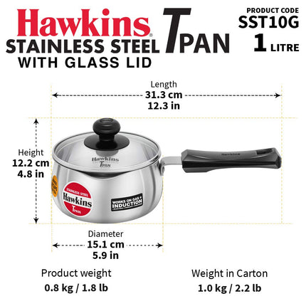 Hawkins Stainless Steel TPan 1L 1.5L 2L Saucepan with Glass Lid for Induction and Gas