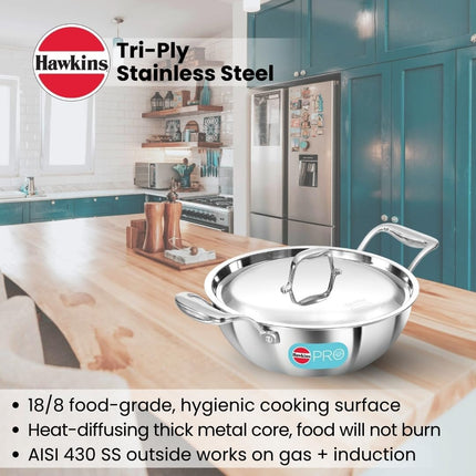 Hawkins Pro Tri Ply Stainless Steel Cookware Fry Pan Kadhai Lid Induction Gas Oven Safe
