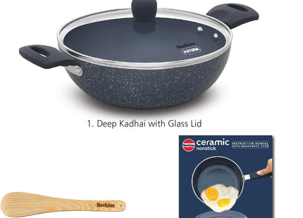 Hawkins Ceramic Nonstick Deep Kadhai with Glass Lid, Induction Granite Kadai, 2.5L & 3.5L