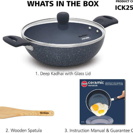 Hawkins Ceramic Non Stick Deep Kadhai 2.5L 3.5L with Glass Lid Granite Finish