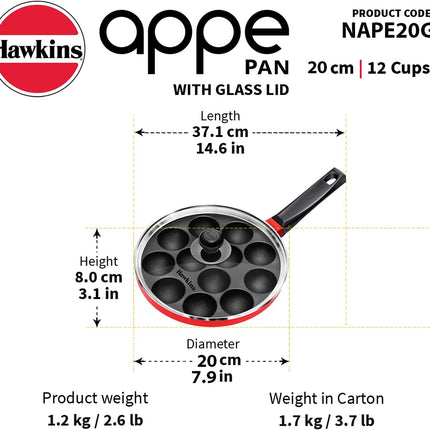 Hawkins Non Stick Appe Pan 20cm and 24cm 12 Cup Paniyaram Pan with Glass Lid