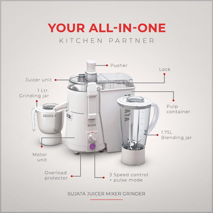 Sujata Powermatic Plus 900W Indian Juicer Mixer Grinder for Grinding Blending and Juice Extraction
