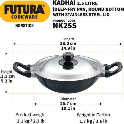 Hawkins Futura Non Stick Deep Fry Pan 2.5L and 4L Hard Anodised Aluminium Pan with Lid