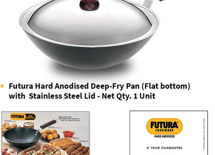 Hawkins Futura Hard Anodised Deep-Fry Pan (Kadhai), Long Handle, with Stainless Steel Lid, Black