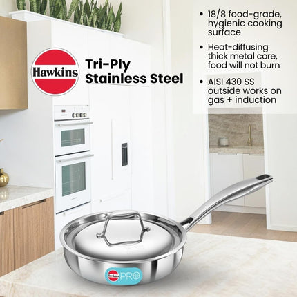 Hawkins Pro Tri Ply Stainless Steel Cookware Fry Pan Kadhai Lid Induction Gas Oven Safe