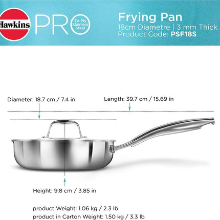 Hawkins Pro Tri Ply Stainless Steel Cookware Fry Pan Kadhai Lid Induction Gas Oven Safe