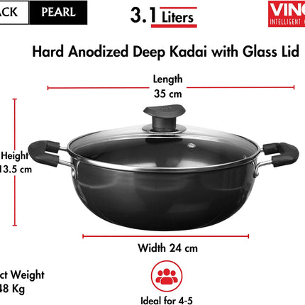 VINOD Hard Anodized Aluminium Cookware Pan + Glass Lid 18cm 20cm 22cm 24cm 26cm Stove Compatible Kitchen Cookware Durable Cooking  Curry Rice Everyday Meals