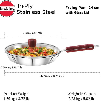 Hawkins Tri Ply Stainless Steel Frying Pan 26cm Glass Lid 3mm Construction