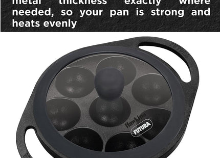 Hawkins Futura Cast Iron Appe Pan (Paniyaram Pan), 16 cm, 8 Cups, with Glass Lid, Black