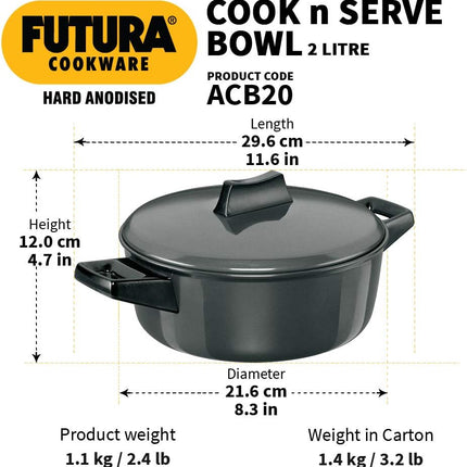 Hawkins Futura Hard Anodised Cook-n-Serve Bowl + Lid – 2L, 3L, 4L, 6L Casserole Pot