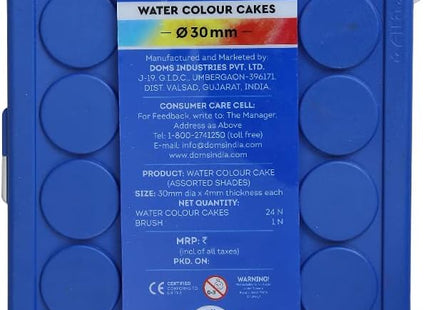 Doms 24 Shades 30mm Water Colour Cakes | Easy To Use Palette Lid | Organic Rich Colour Pigments | Free Brush Inside | Non-Toxic & Safe For Kids | Pack of 1