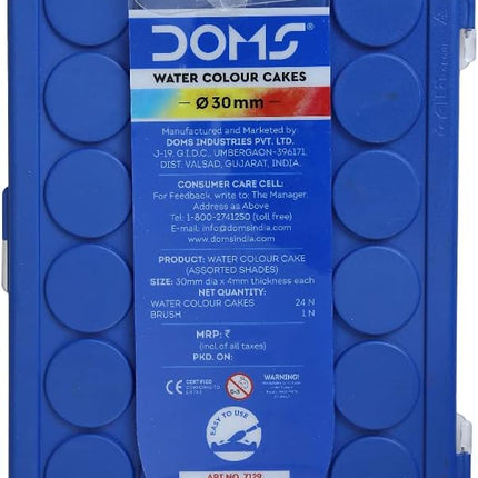Doms 24 Shades 30mm Water Colour Cakes | Easy To Use Palette Lid | Organic Rich Colour Pigments | Free Brush Inside | Non-Toxic & Safe For Kids | Pack of 1