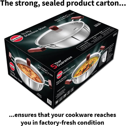 Hawkins Tri Ply Stainless Steel Deep Kadhai 4L 5L Glass Lid Induction Compatible