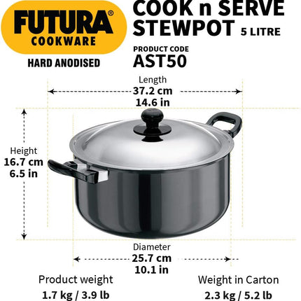Hawkins Futura Hard Anodised Stewpot 2.25L and 5L Aluminium Cookware with Lid