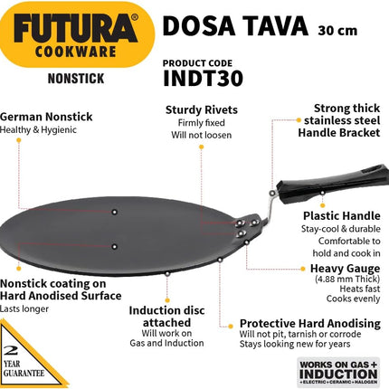 Hawkins Futura Hard Anodised Non Stick Dosa Tava 30cm Large Griddle for Dosa Uttapam