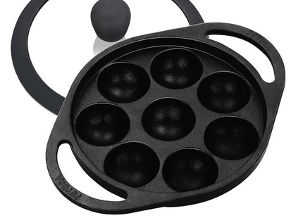 Hawkins Futura Cast Iron Appe Pan (Paniyaram Pan), 16 cm, 8 Cups, with Glass Lid, Black
