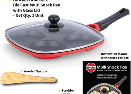Hawkins 30 cm Nonstick Mini Uttapam Pan with Glass Lid, Multi Snack & Pancake Maker, Red