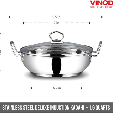 VINOD Stainless Steel Kadai + Glass Lid Deep Indian Kadhai Pan 18cm 20cm 24cm 26cm 30cm Heavy Duty Frying Curries  Stir Fry GAS Induction Compatible Cooking