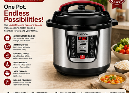Lexical Pressure Cookers Collection – 6L Electric Pressure Cooker | 1000W Multi Cooker