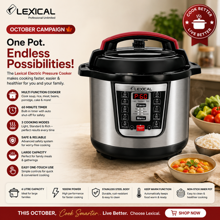 Lexical Germany Pressure Cookers Collection – 6L Electric Pressure Cooker | 1000W Multi Cooker| EU Plug