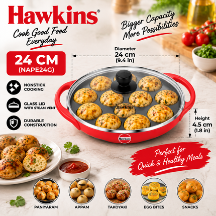 Hawkins Non Stick Appe Pan 20cm and 24cm 12 Cup Paniyaram Pan with Glass Lid