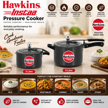 Hawkins Instaa Hard Anodised Pressure Cooker 3L 5L Induction Compatible Inner Lid Black Cooker