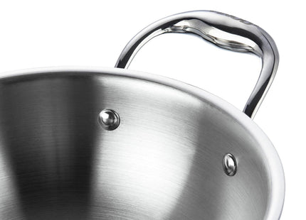 Vinod Platinum Triply Stainless Steel Kadai with Lid Heavy Duty Tri-Ply SS Kadhai Induction & Gas Compatible Even Heat Distribution Durable Mirror Finish | Sizes: 18cm, 20cm, 22cm, 24cm, 26cm