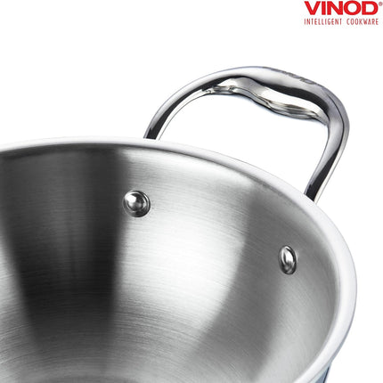 VINOD Platinum Tri-Ply Stainless Steel Kadai + Lid Kadhai 18cm 20cm 22cm 24cm 26cm Induction Gas Compatible Heavy Duty