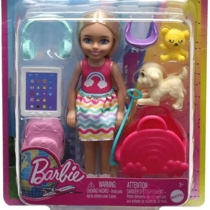 Barbie Chelsea Travel Set – Small Blonde Doll with Puppy, Pet Carrier, Opening Backpack & 6 Travel Accessories – HJY17