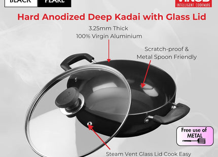 Vinod Black Pearl Hard Anodized Deep Kadai with Glass Lid Heavy Duty Aluminium Kadhai Gas & Induction Compatible Metal Spoon Safe Non-Stick Cooking | Sizes: 18cm, 20cm, 22cm, 24cm, 26cm