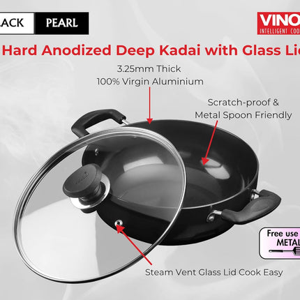 VINOD Hard Anodized Aluminium Cookware Pan + Glass Lid 18cm 20cm 22cm 24cm 26cm Stove Compatible Kitchen Cookware Durable Cooking  Curry Rice Everyday Meals