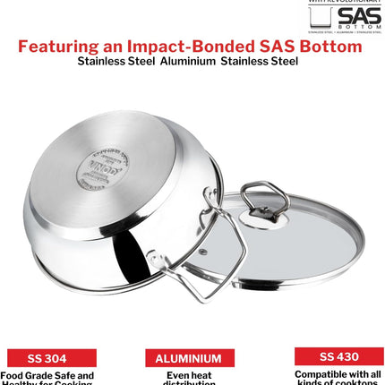 VINOD Stainless Steel Kadai + Glass Lid Deep Indian Kadhai Pan 18cm 20cm 24cm 26cm 30cm Heavy Duty Frying Curries  Stir Fry GAS Induction Compatible Cooking
