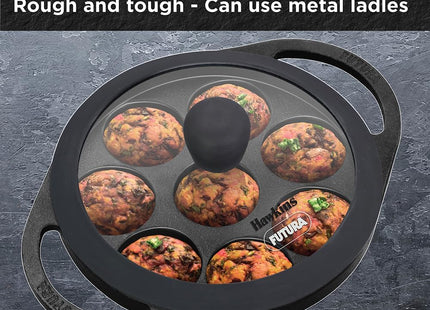 Hawkins Futura Cast Iron Appe Pan (Paniyaram Pan), 16 cm, 8 Cups, with Glass Lid, Black