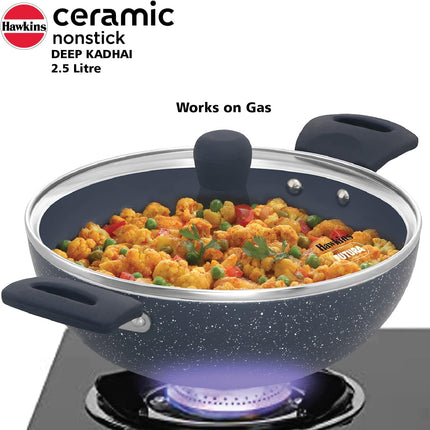 Hawkins Ceramic Non Stick Deep Kadhai 2.5L 3.5L with Glass Lid Granite Finish