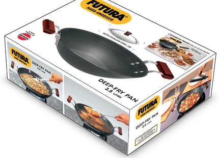 Hawkins Futura Hard Anodised Deep Fry Pan Collection – 2.5L, 3.75L, 5L & 7.5L Flat Bottom Kadai with Stainless Steel Lid, Black