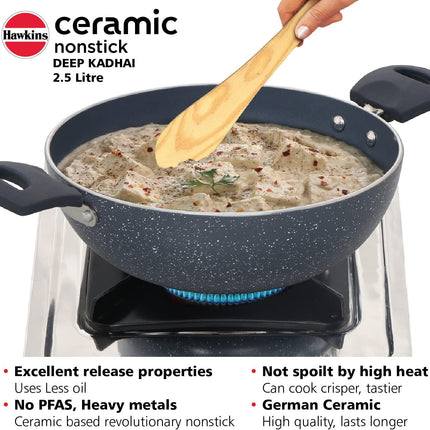 Hawkins Ceramic Non Stick Deep Kadhai 2.5L 3.5L with Glass Lid Granite Finish