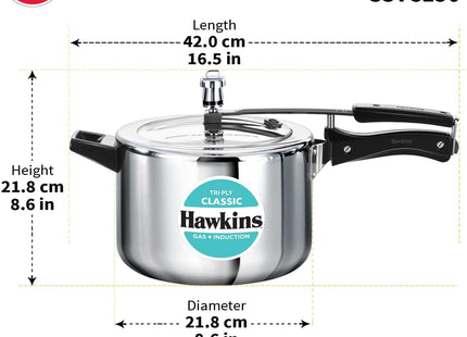 Hawkins Classic 5 Litre Triply Stainless Steel Pressure Cooker with Inner Lid, Induction Compatible, Silver