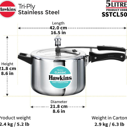 Hawkins Classic 5 Litre Triply Stainless Steel Pressure Cooker  Inner Lid Induction Compatible Heavy Duty