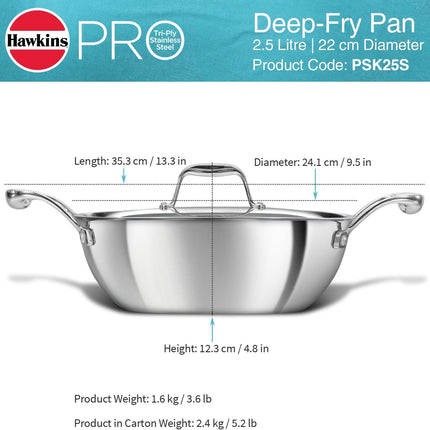 Hawkins Pro Tri Ply Stainless Steel Cookware Fry Pan Kadhai Lid Induction Gas Oven Safe