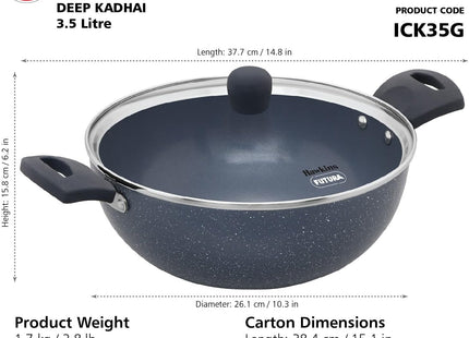 Hawkins Ceramic Nonstick Deep Kadhai with Glass Lid, Induction Granite Kadai, 2.5L & 3.5L