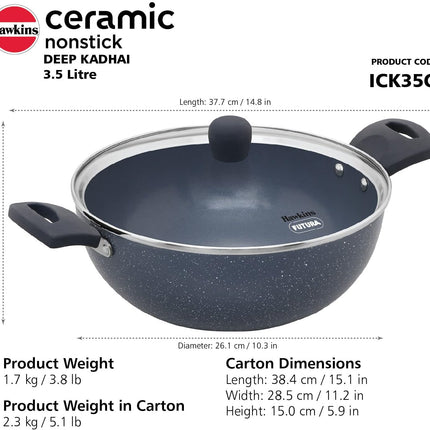 Hawkins Ceramic Non Stick Deep Kadhai 2.5L 3.5L with Glass Lid Granite Finish