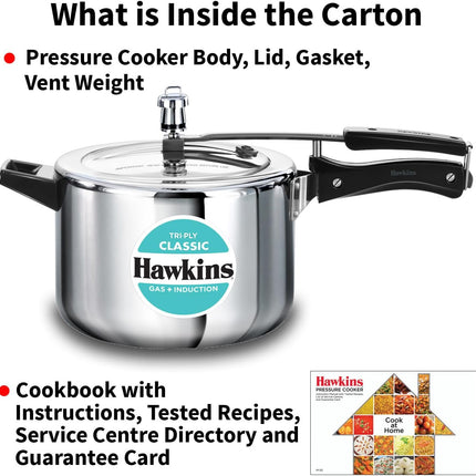 Hawkins Classic 5 Litre Triply Stainless Steel Pressure Cooker  Inner Lid Induction Compatible Heavy Duty